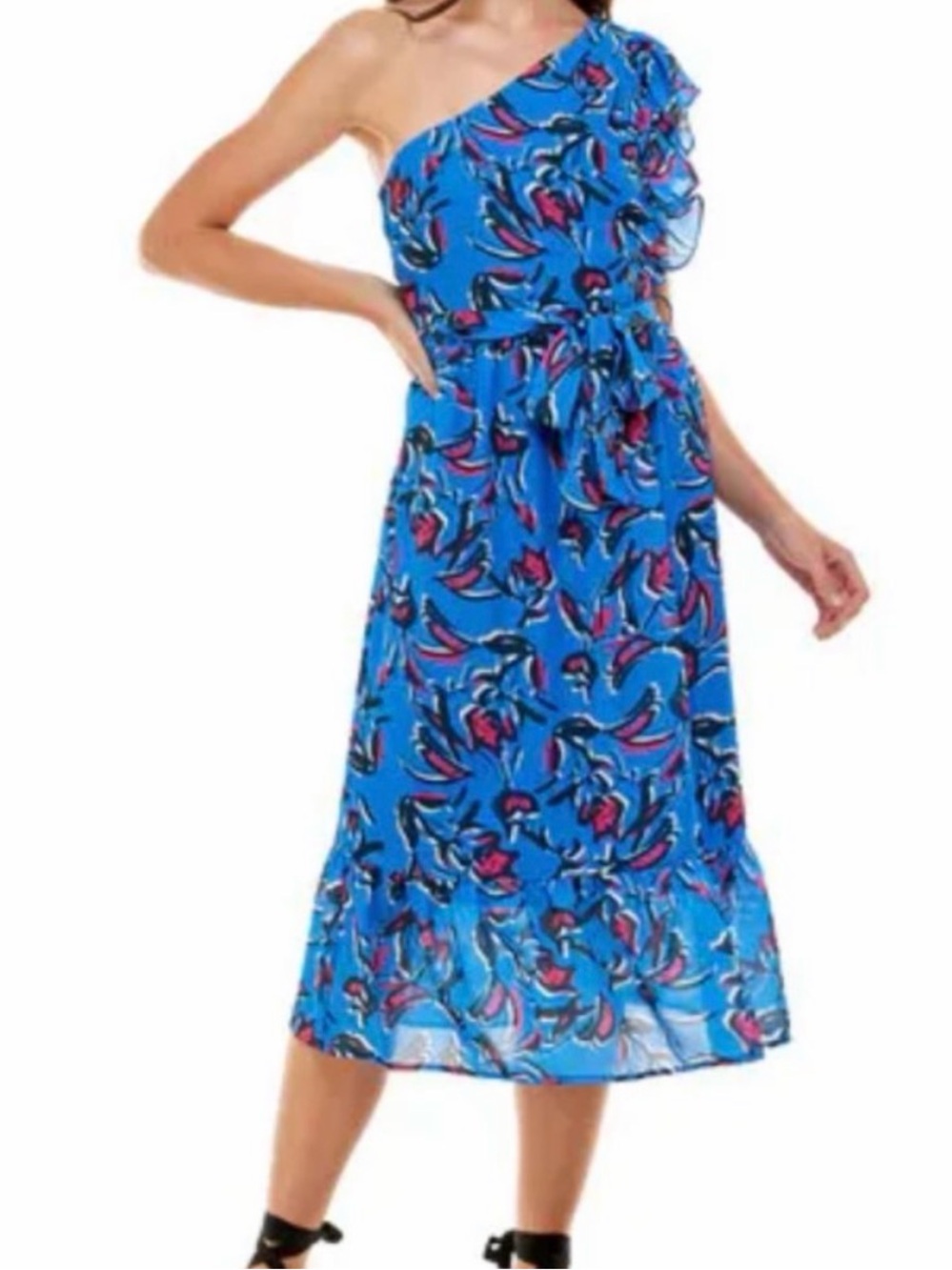 Collective Concepts One-Shoulder Blue Floral Midi Dress